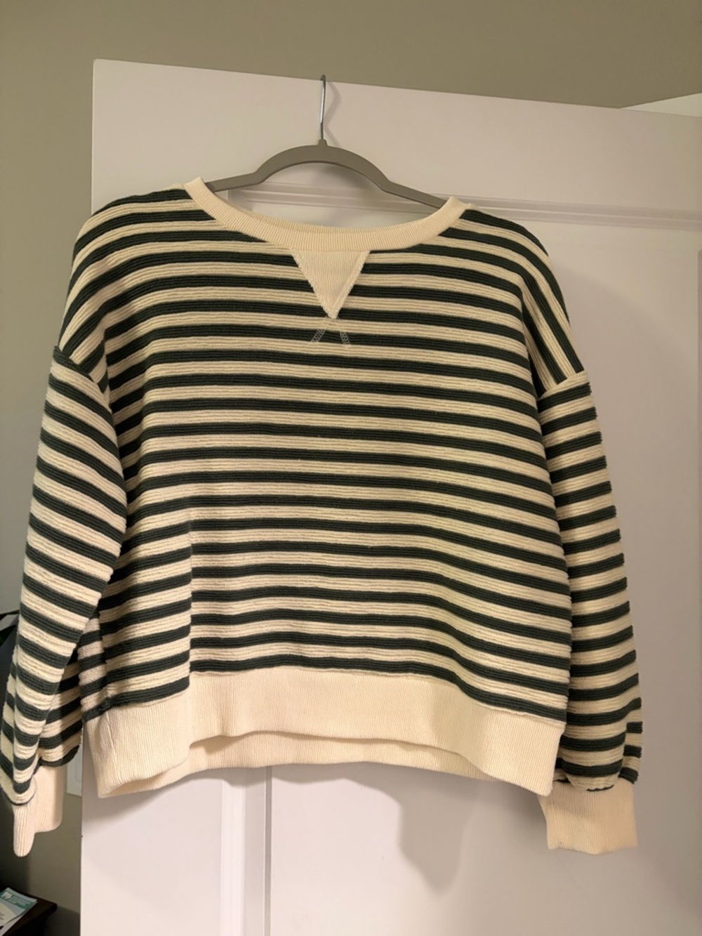 Blu Pepper Cream and Dark Green Striped Crewneck Sweater